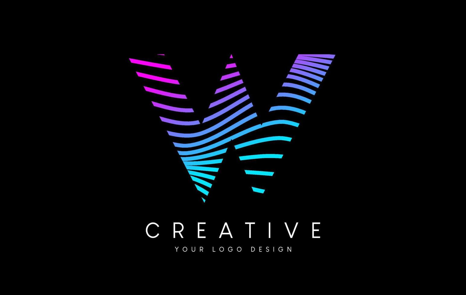 Warp Zebra Lines Letter W logo Design with Neon Purple Lines and Creative Icon Vector