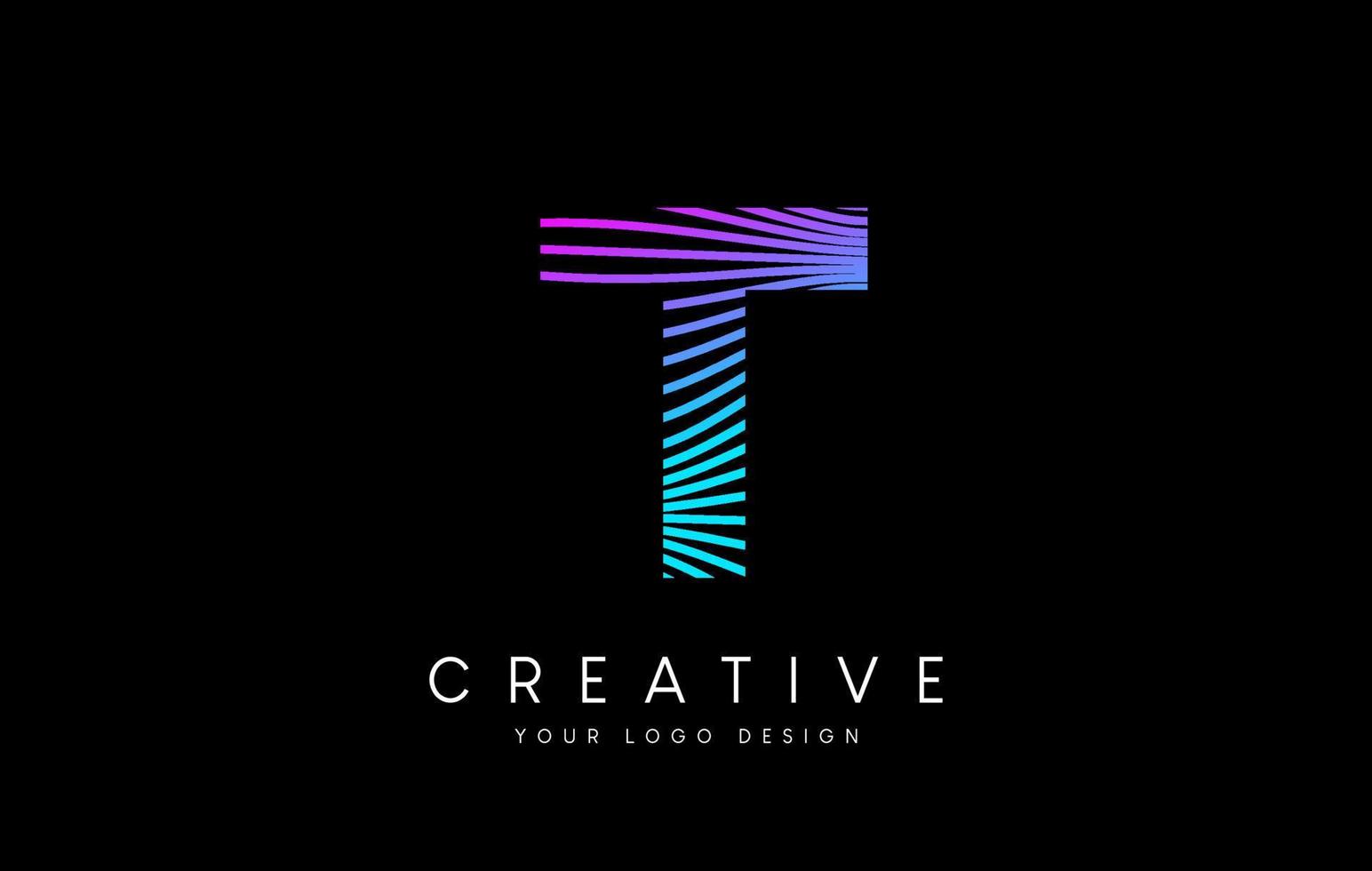 Warp Zebra Lines Letter T logo Design with Neon Purple Lines and Creative Icon Vector