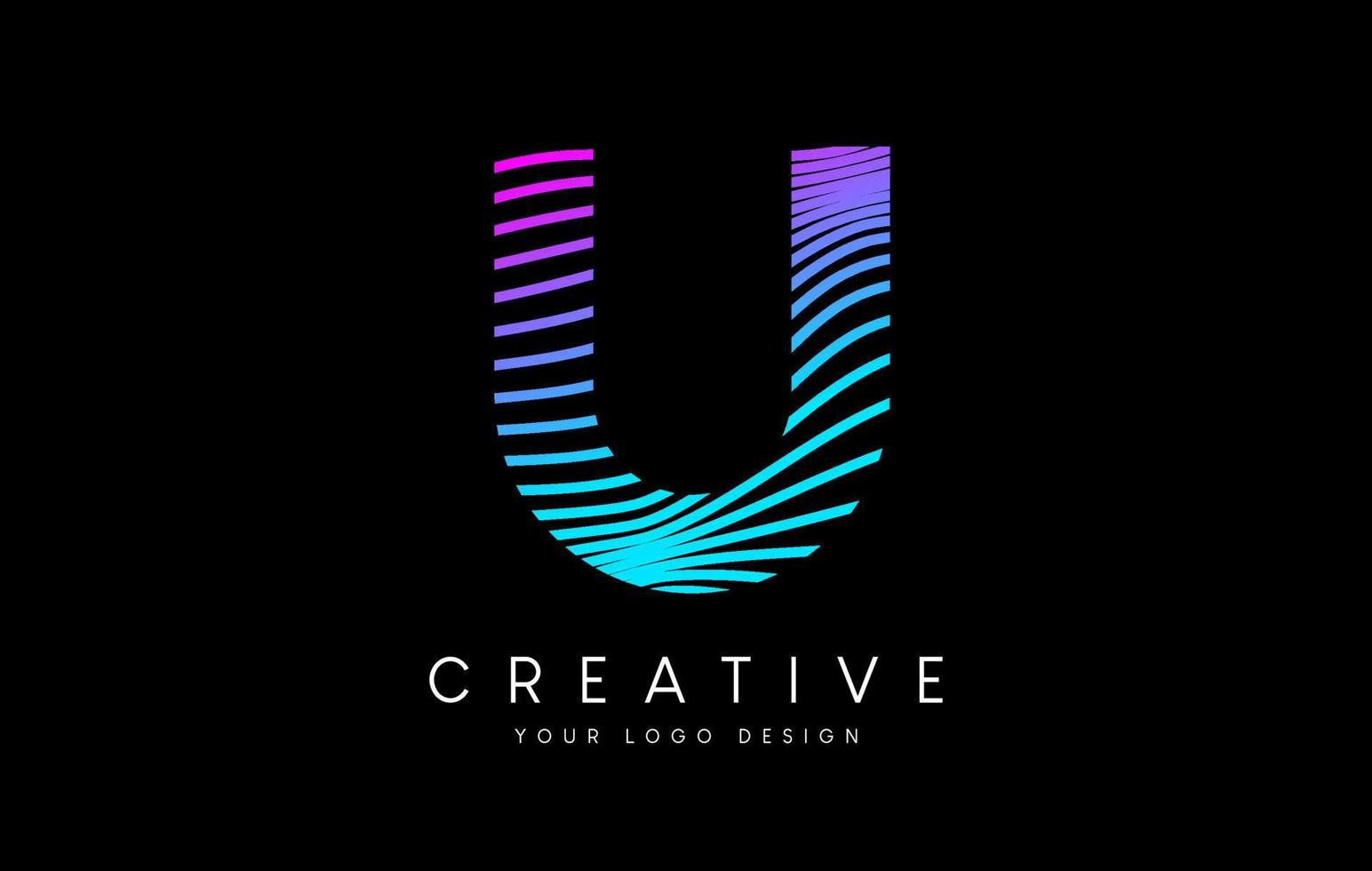 Warp Zebra Lines Letter U logo Design with Neon Purple Lines and Creative Icon Vector