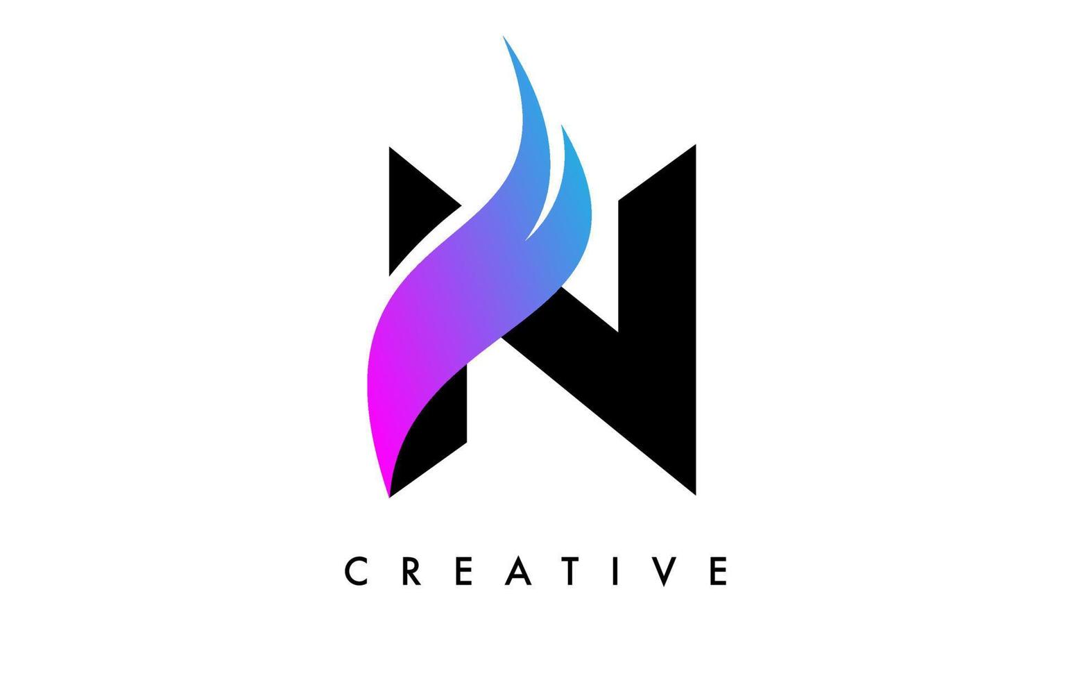 diseño de icono de logotipo de letra n con swoosh púrpura y vector de forma de corte curvo creativo