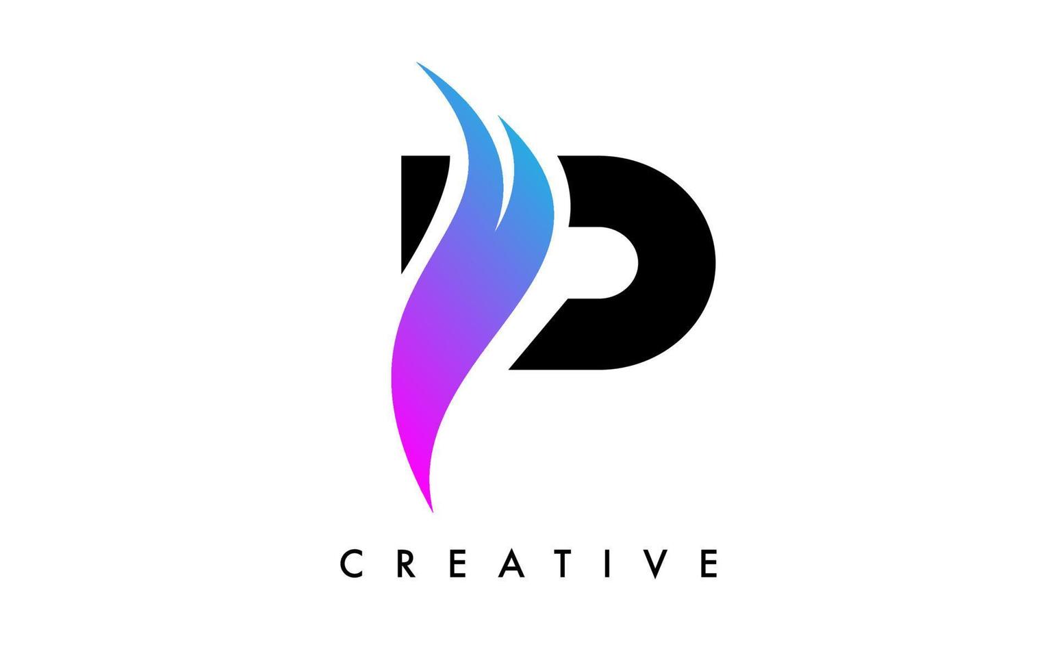 diseño de icono de logotipo de letra p con swoosh púrpura y vector de forma de corte curvo creativo