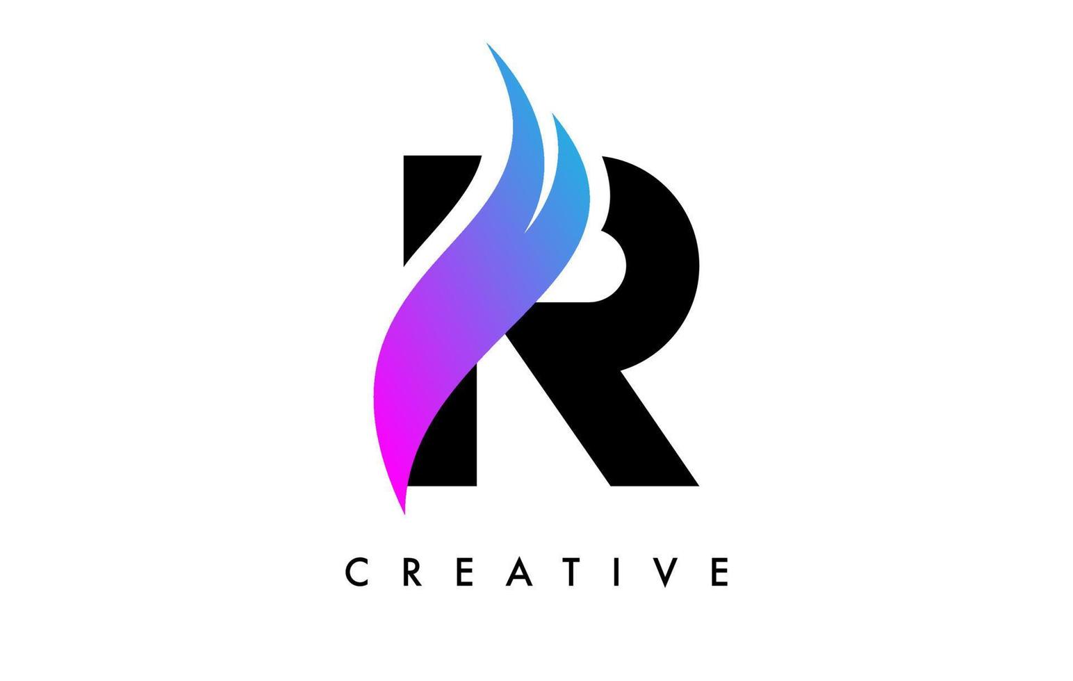 diseño de icono de logotipo de letra r con swoosh púrpura y vector de forma de corte curvo creativo