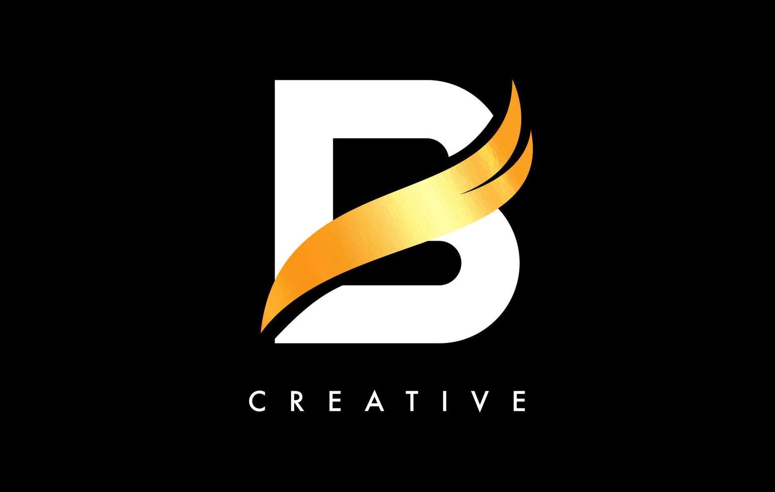 diseño de icono de logotipo de letra b con swoosh dorado y vector de forma de corte curvo creativo