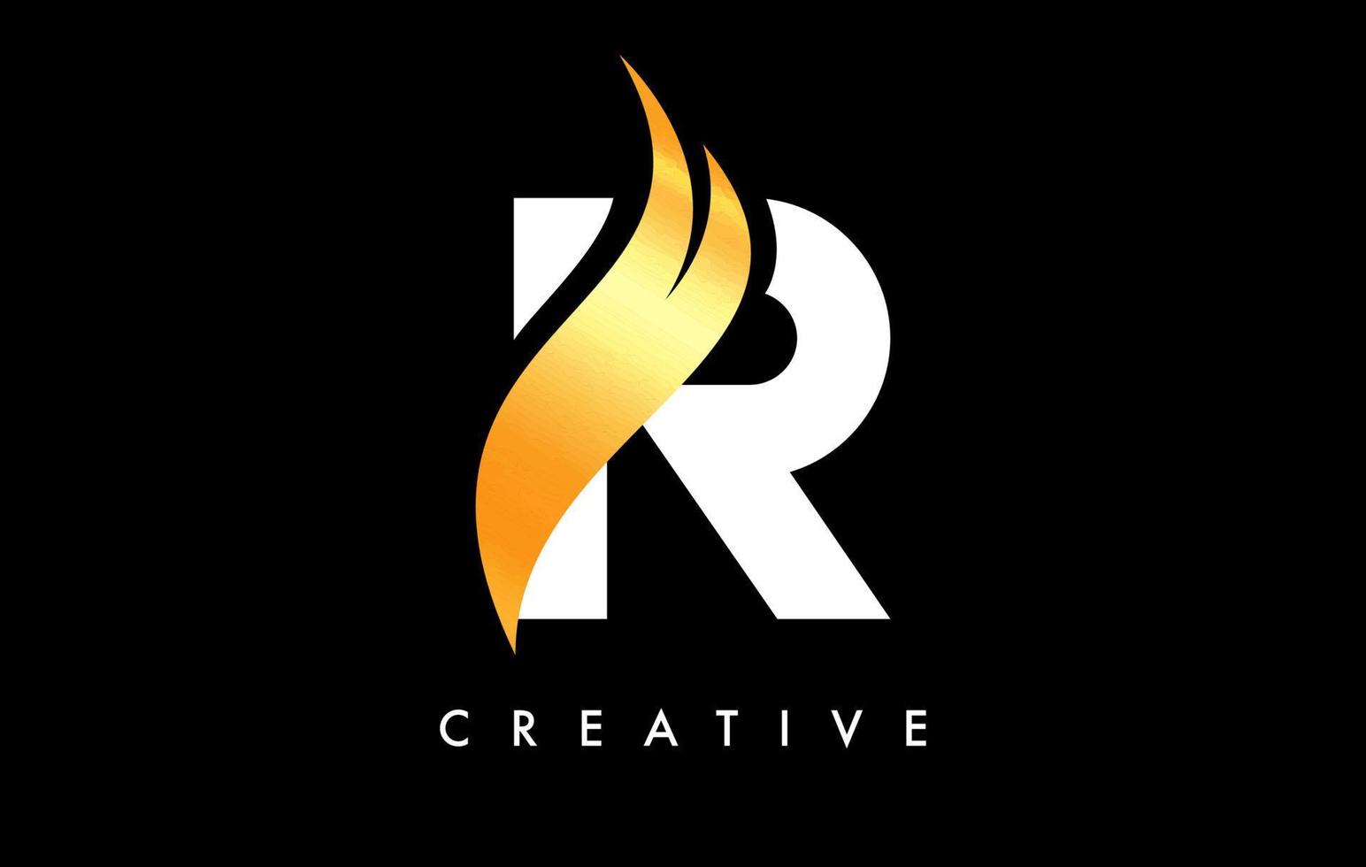 diseño de icono de logotipo de letra r con swoosh dorado y vector de forma de corte curvo creativo