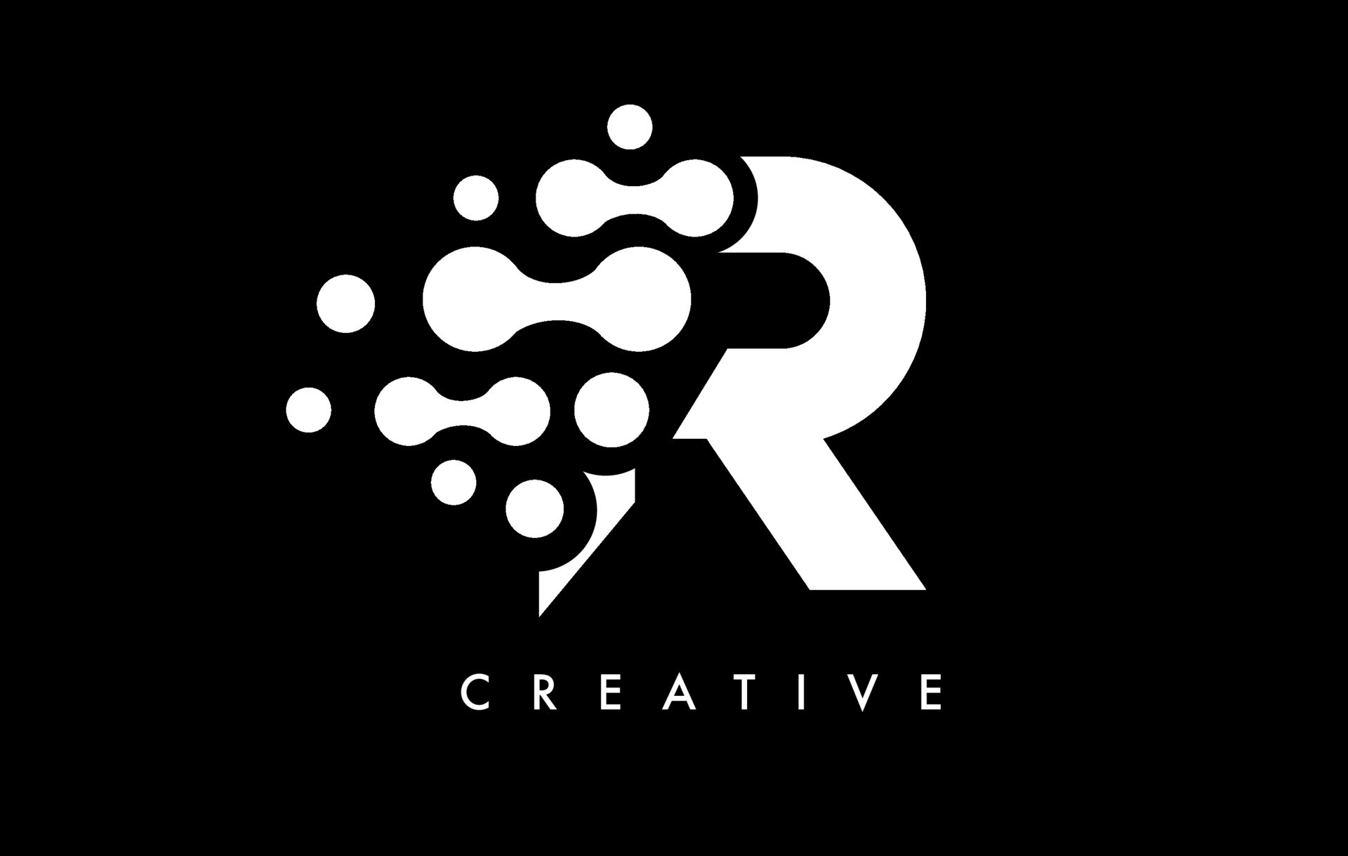 Letter R Dots Logo Design with Black and White Colors on Black