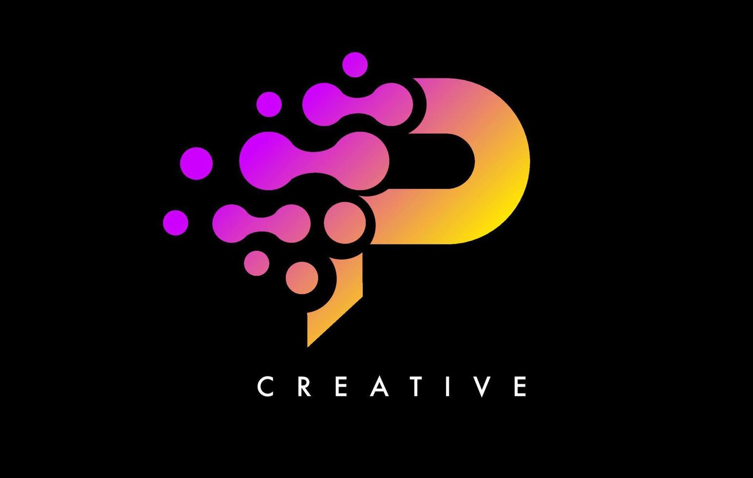 diseño de logotipo de puntos de letra p con colores amarillo púrpura sobre vector de fondo negro