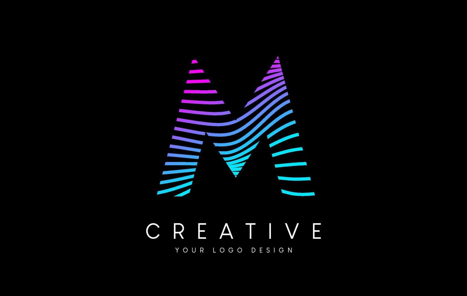 Warp Zebra Lines Letter M logo Design with Neon Purple Lines and Creative Icon Vector