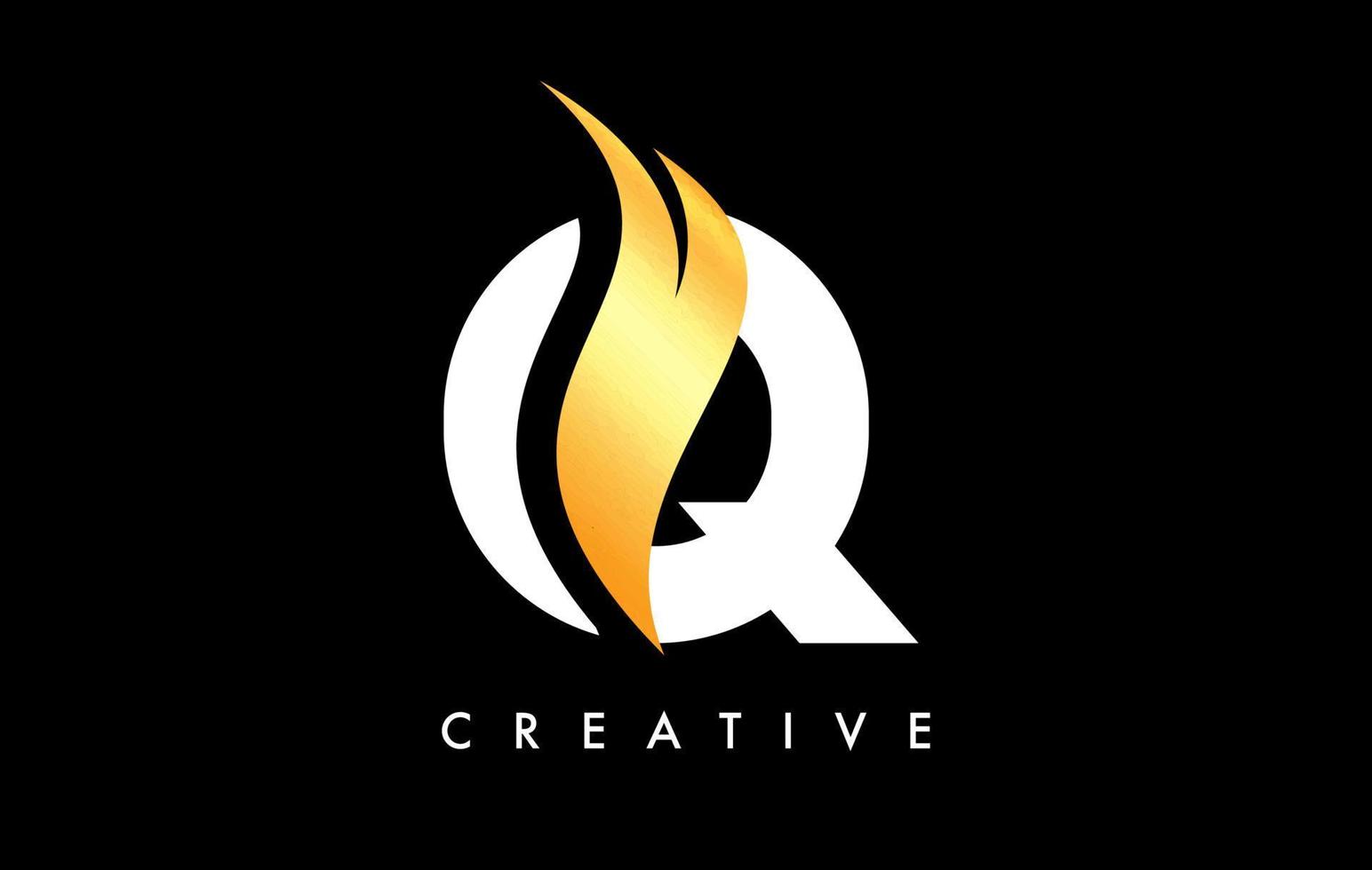 diseño de icono de logotipo de letra q con swoosh dorado y vector de forma de corte curvo creativo