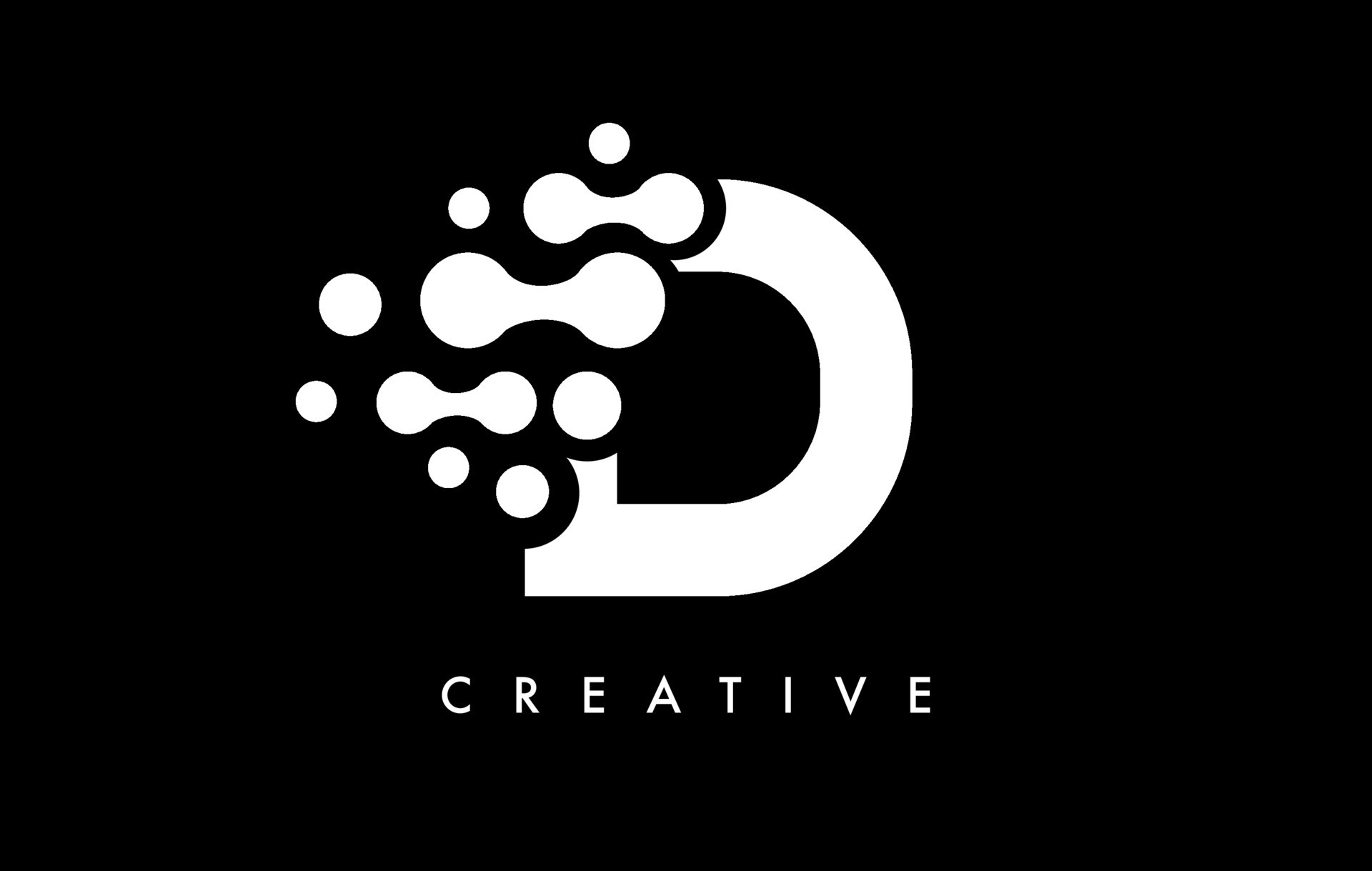 Letter D Dots Logo Design with Black and White Colors on Black