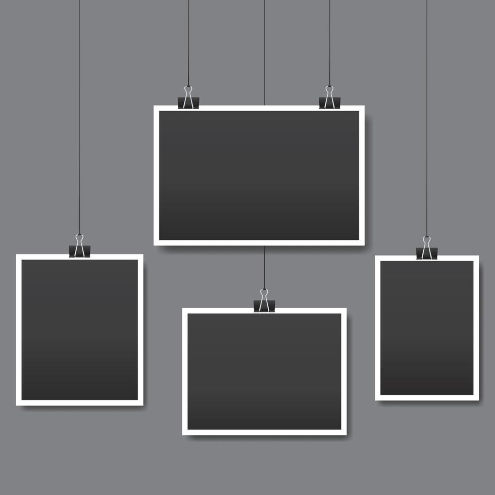Blank black photo frame with black binding clip hanger. Vector illustration