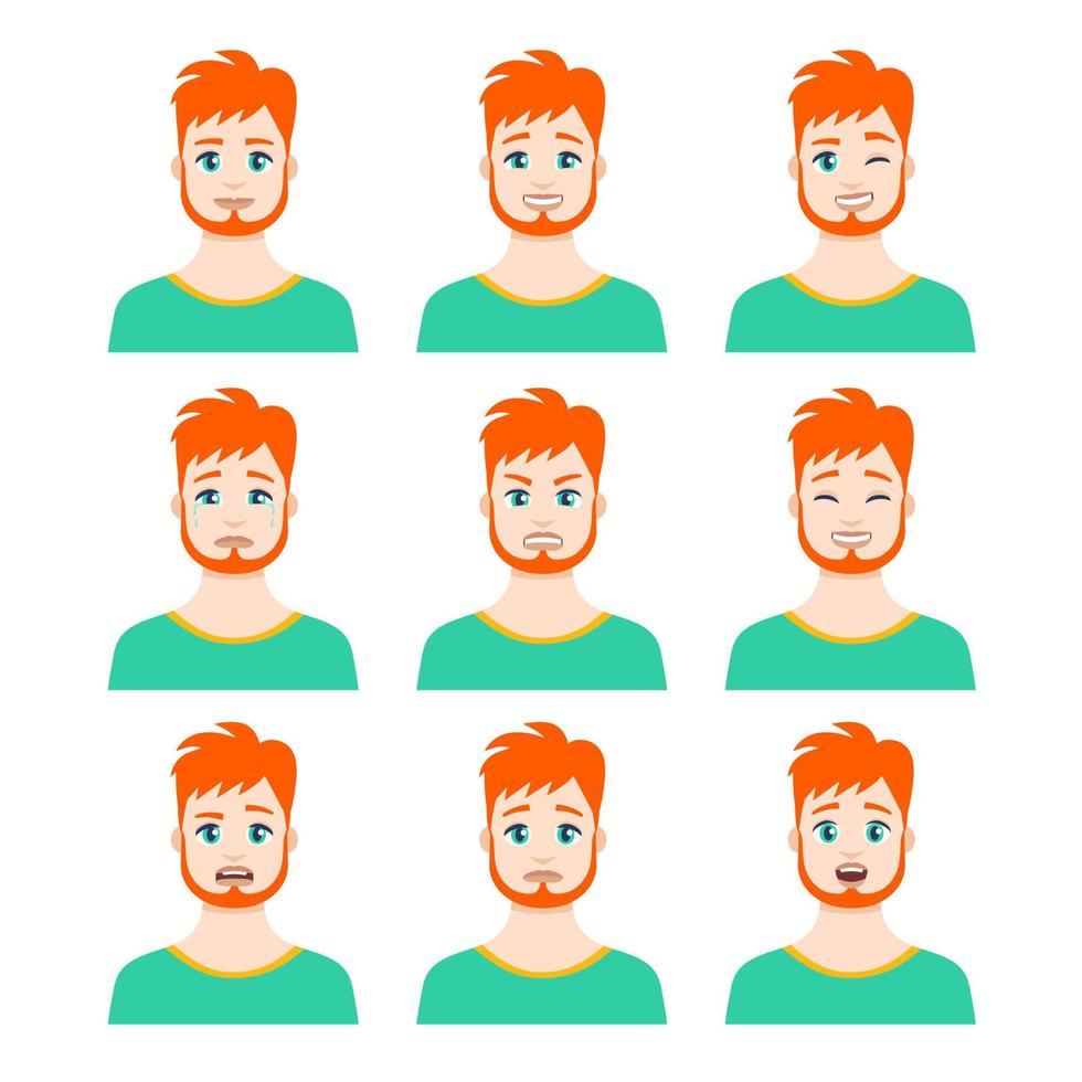 Set of young male icon with emotions in cartoon style. Man avatar profile with facial expression. Characters portraits in bright colors. Isolated vector illustration in flat design