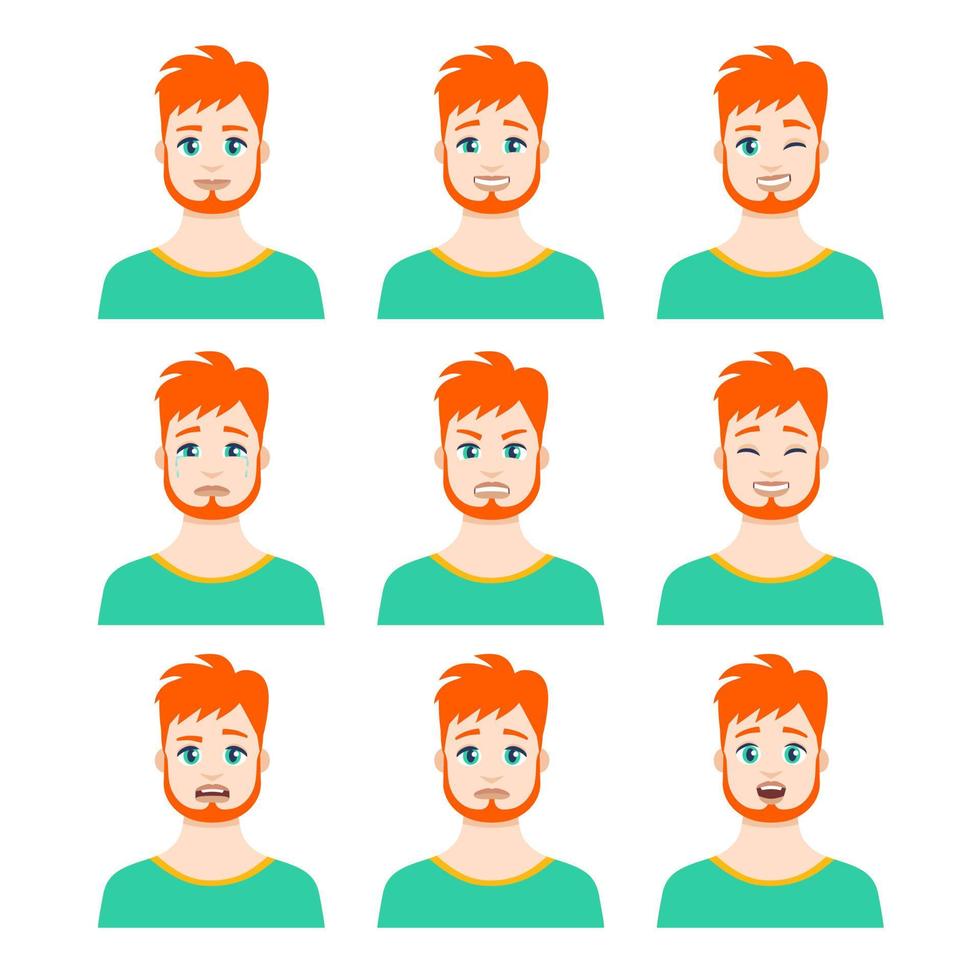 Set of young male icon with emotions in cartoon style. Man avatar profile with facial expression. Characters portraits in bright colors. Isolated vector illustration in flat design