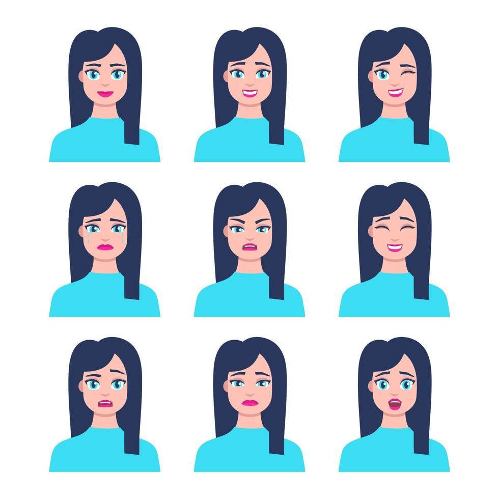 Set of young female icon with emotions in cartoon style. Girl avatar profile with facial expression. Characters portraits in bright colors. Isolated vector illustration in flat design