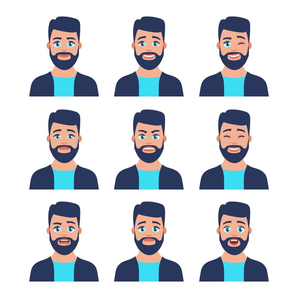 conjunto de icono masculino joven con emociones en estilo de dibujos animados. perfil de avatar de hombre con expresión facial. retratos de personajes en colores vivos. ilustración vectorial aislada en diseño plano vector