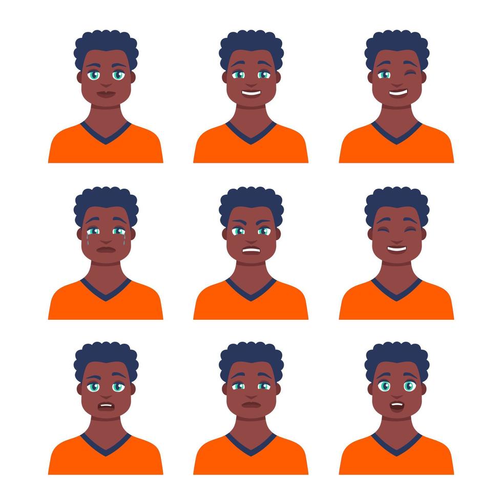 conjunto de icono masculino joven con emociones en estilo de dibujos animados. perfil de avatar de hombre con expresión facial. retratos de personajes africanos en colores brillantes. ilustración vectorial aislada en diseño plano vector