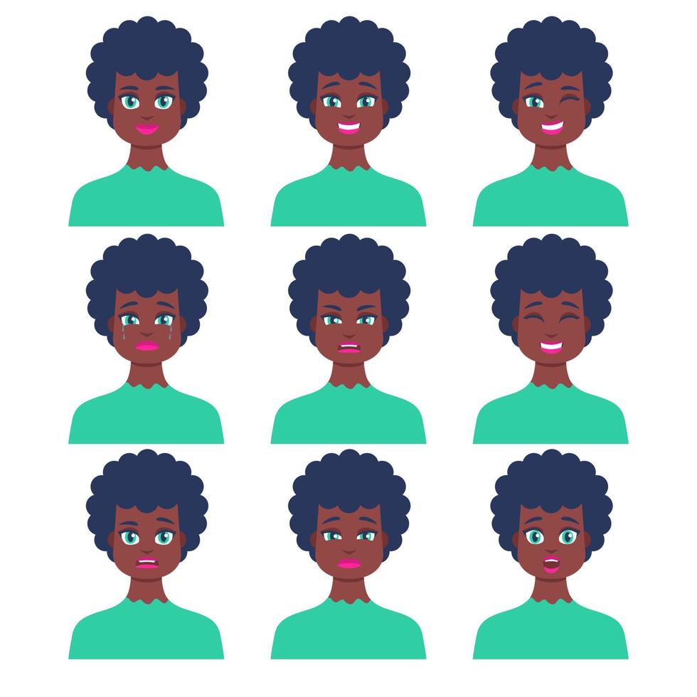 Set of young female icon with emotions in cartoon style. Girl avatar profile with facial expression. African characters portraits in bright colors. Isolated vector illustration in flat design
