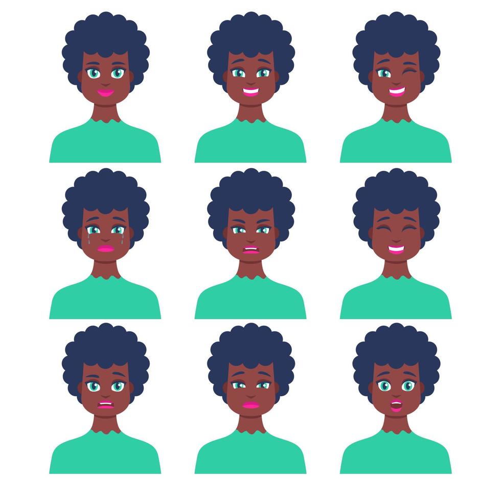 conjunto de icono femenino joven con emociones en estilo de dibujos animados. perfil de avatar de chica con expresión facial. retratos de personajes africanos en colores brillantes. ilustración vectorial aislada en diseño plano vector