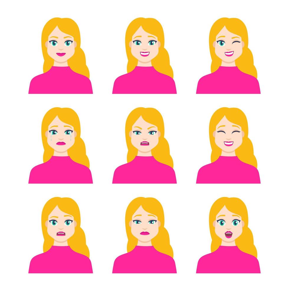 Set of young female icon with emotions in cartoon style. Girl avatar profile with facial expression. Characters portraits in bright colors. Isolated vector illustration in flat design