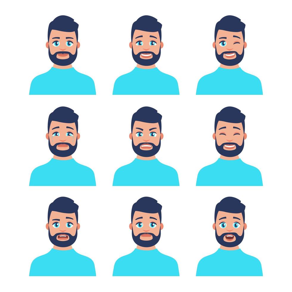 conjunto de icono masculino joven con emociones en estilo de dibujos animados. perfil de avatar de hombre con expresión facial. retratos de personajes en colores vivos. ilustración vectorial aislada en diseño plano vector