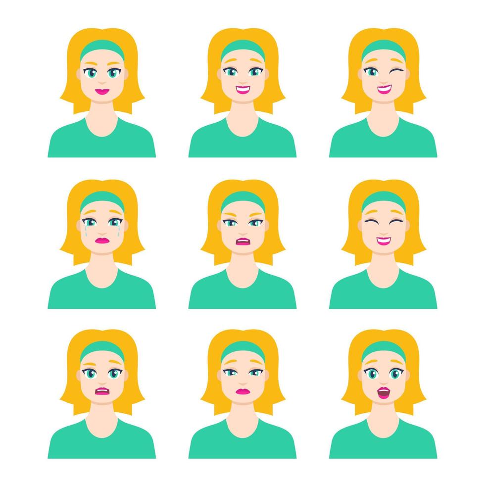 conjunto de icono femenino joven con emociones en estilo de dibujos animados. Perfil de avatar de chica rubia con expresión facial. retratos de personajes en colores vivos. ilustración vectorial aislada en diseño plano vector