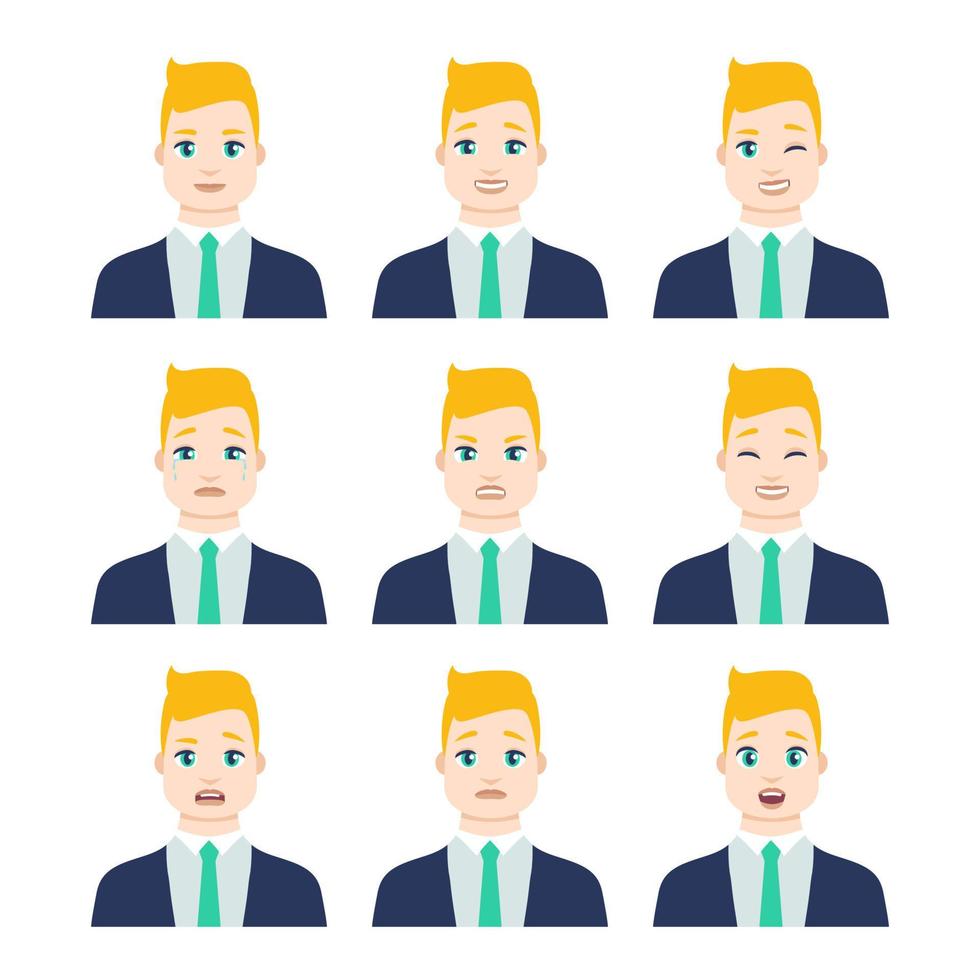conjunto de icono masculino joven con emociones en estilo de dibujos animados. perfil de avatar de hombre con expresión facial. retratos de personajes en colores vivos. ilustración vectorial aislada en diseño plano vector
