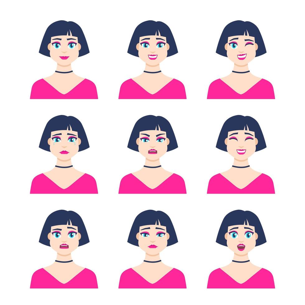Set of young female icon with emotions in cartoon style. Girl avatar profile with facial expression. Characters portraits in bright colors. Isolated vector illustration in flat design