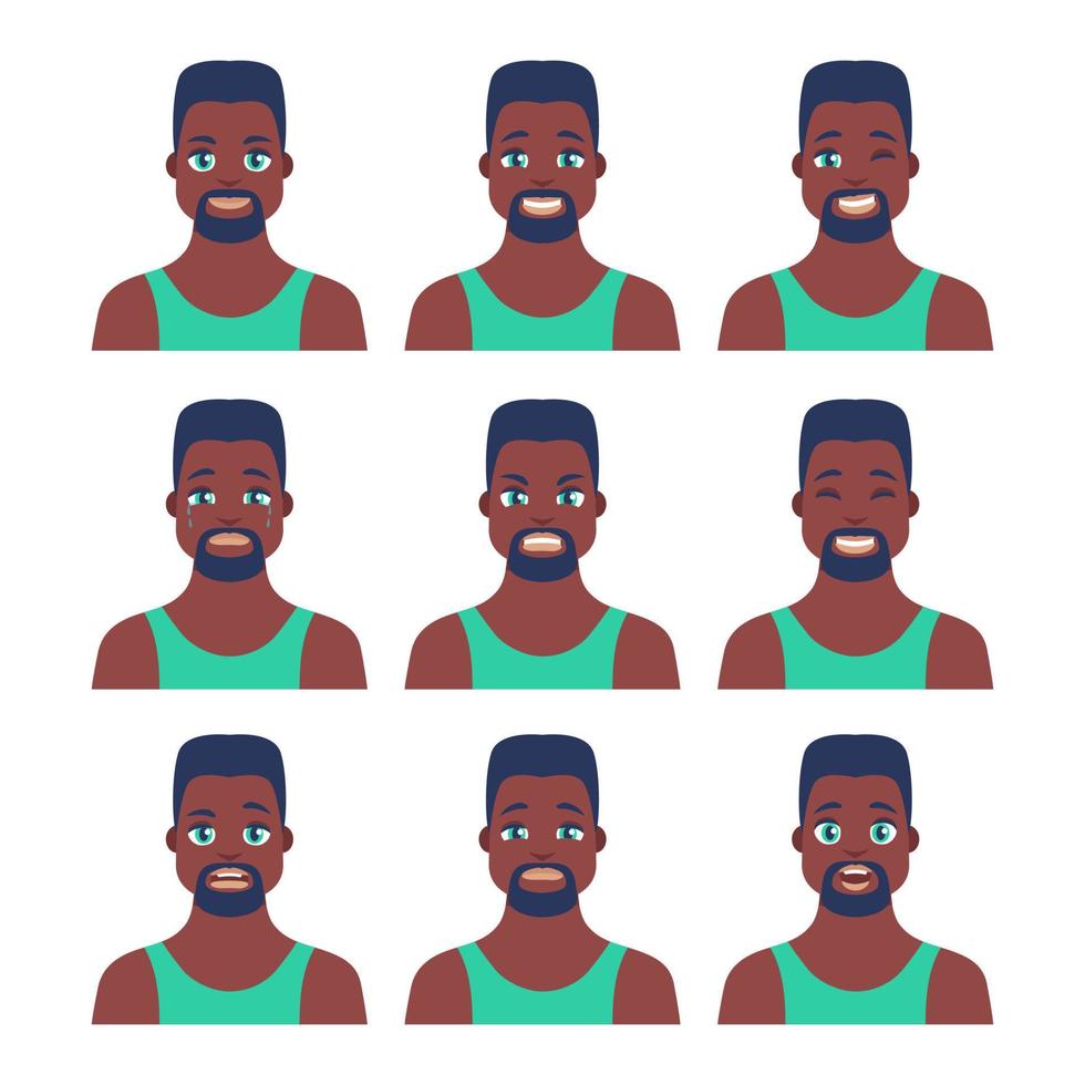 Set of young male icon with emotions in cartoon style. Man avatar profile with facial expression. African characters portraits in bright colors. Isolated vector illustration in flat design
