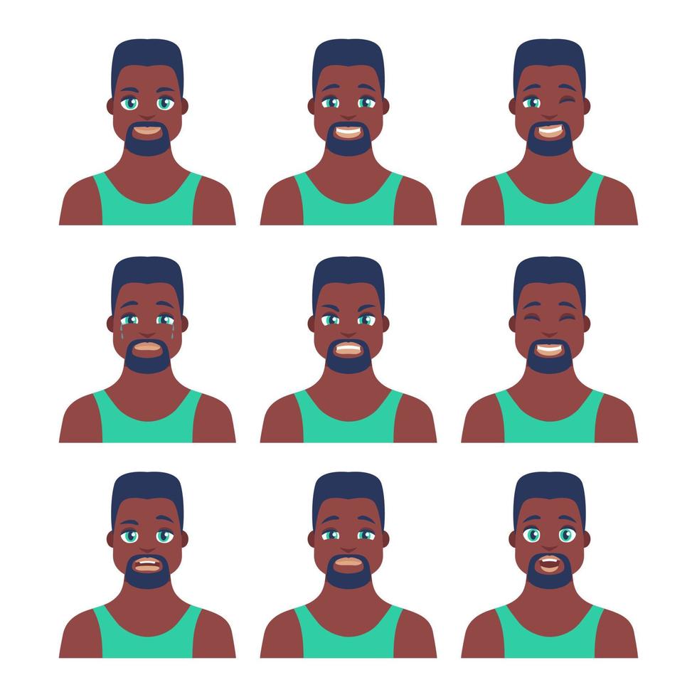 conjunto de icono masculino joven con emociones en estilo de dibujos animados. perfil de avatar de hombre con expresión facial. retratos de personajes africanos en colores brillantes. ilustración vectorial aislada en diseño plano vector