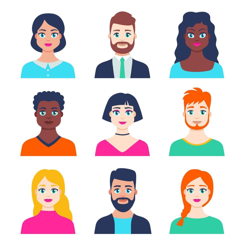 Set of avatar profile icon with young male and female in flat style. Different faces of smiling young people, men and women characters portraits. Bright colors. Isolated vector illustration.
