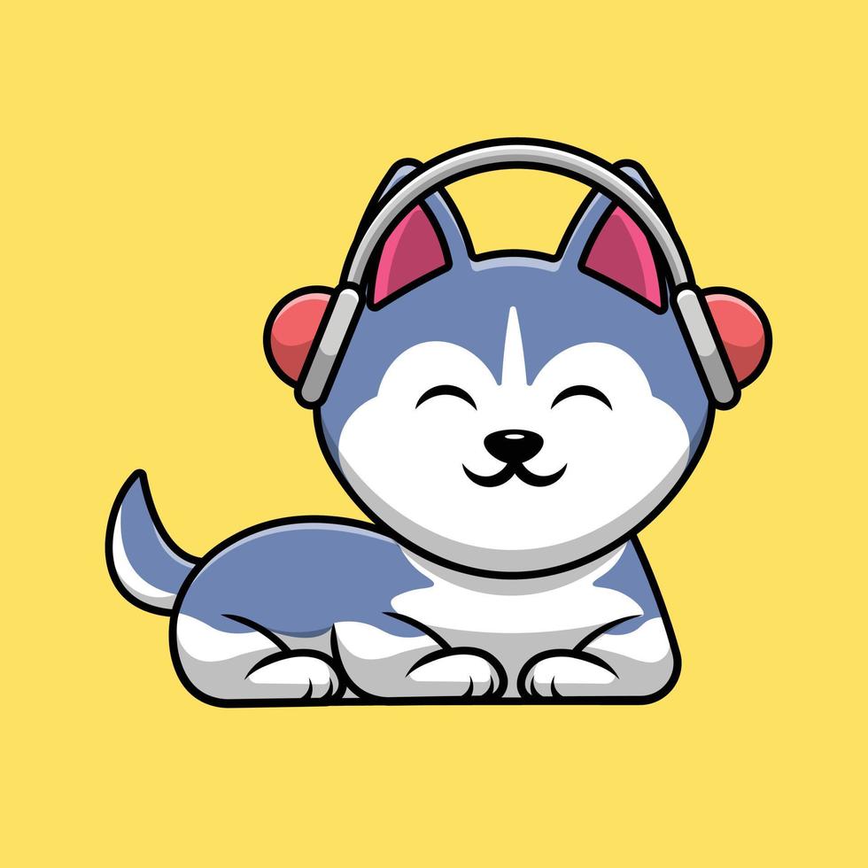 lindo perro husky sentado escuchando música con ilustración de icono de vector de dibujos animados de auriculares. concepto de dibujos animados plana de tecnología animal