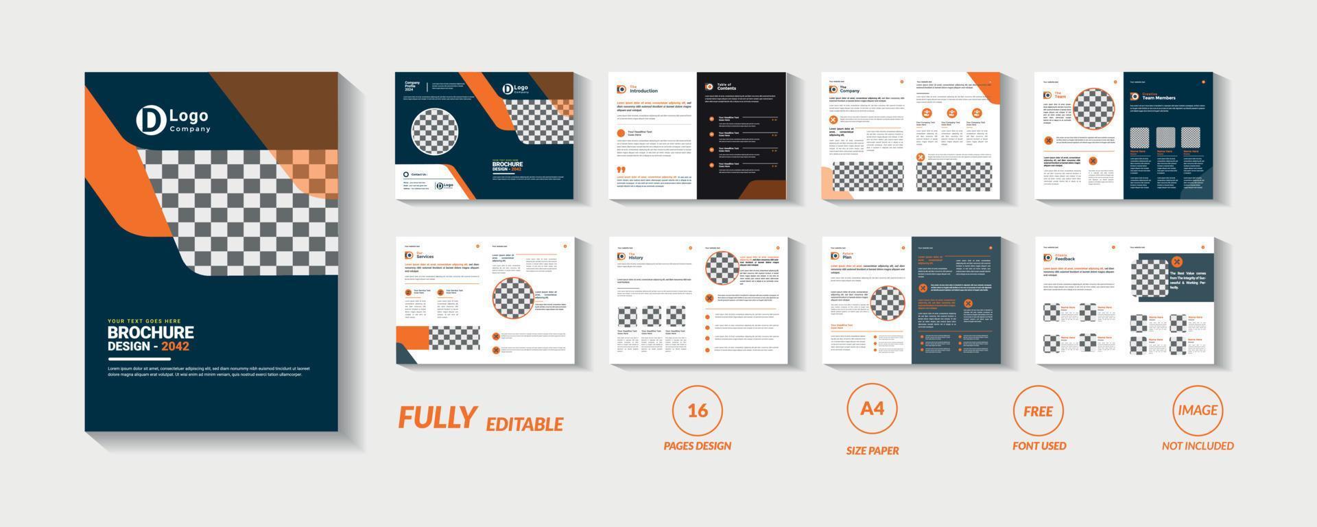 Orange and black 16 page company brochure template vector