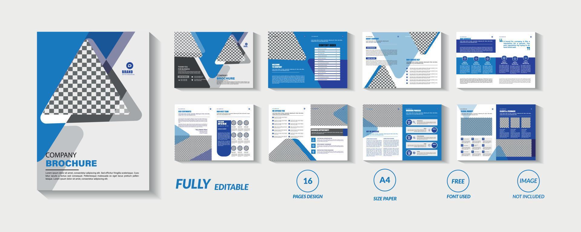Blue and black 16 page company brochure template vector