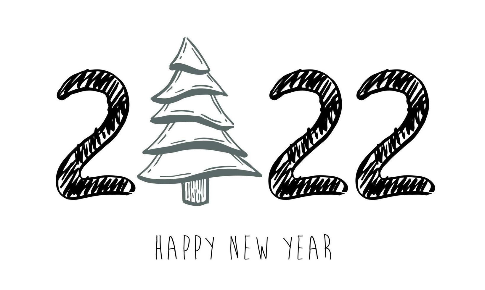 2022 Happy New Year. Christmas tree. Hand drawn illustration. vector
