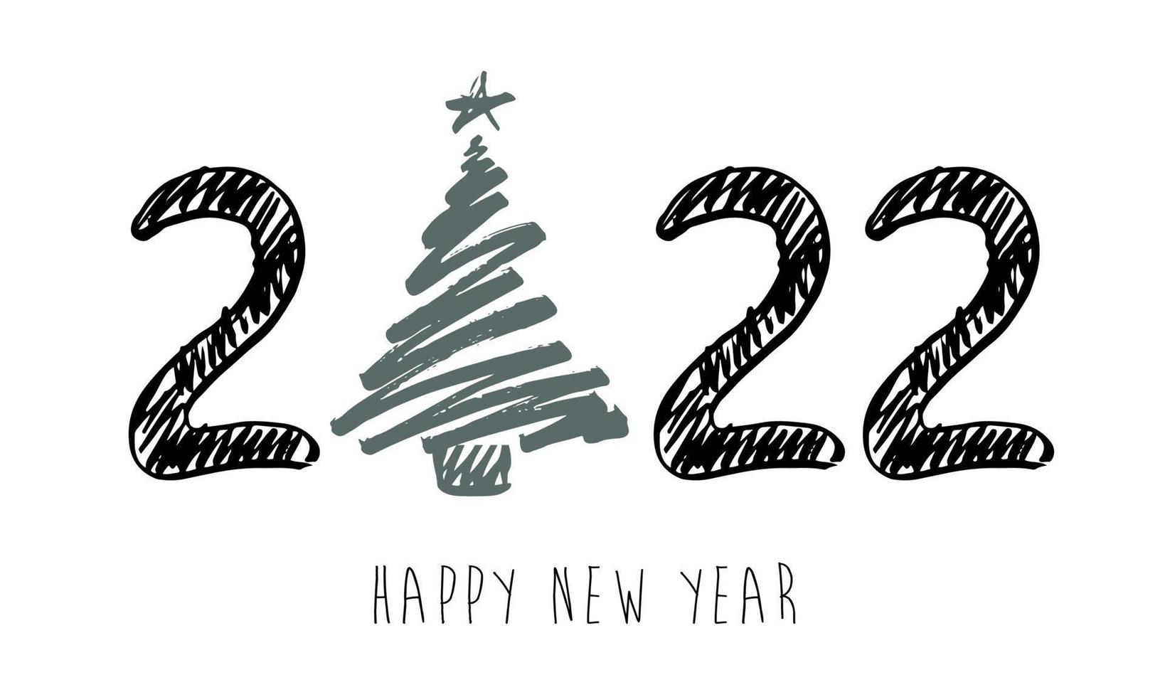2022 Happy New Year. Christmas tree. Hand drawn illustration. vector