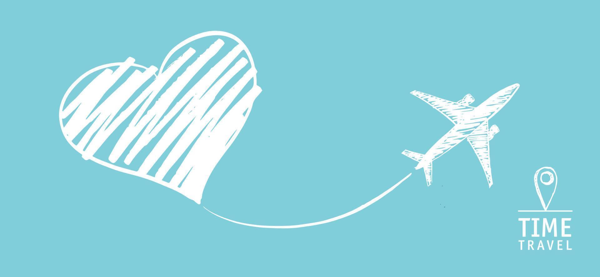 Time Travel. The plane drew a heart. Hand drawn illustrations. vector