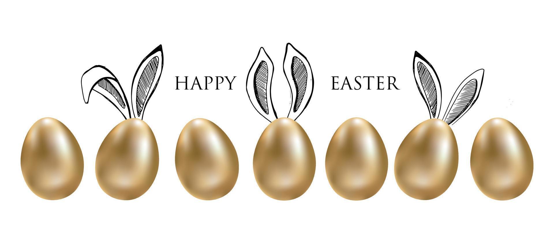 Gold egg, Set of rabbits's ears, Happy Easter. Hand drawn style. Vector illustrations.