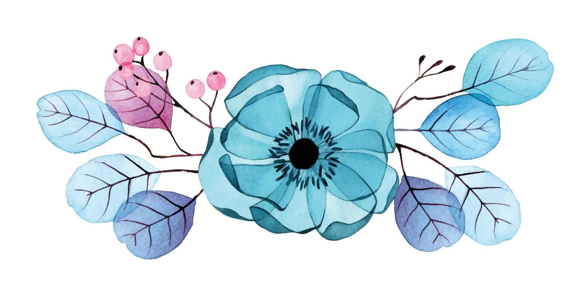 dibujo de acuarela. composición, un ramo de flores transparentes. flores azules y moradas de anémonas, azafranes y hojas de eucalipto. decoración para boda, tarjeta de felicitación, invitación vector