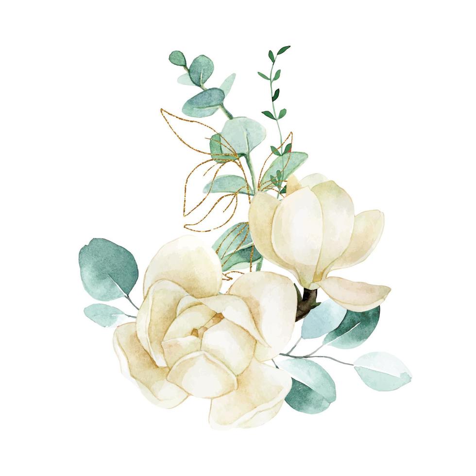 dibujo de acuarela. ramo con magnolias blancas y hojas de eucalipto. delicada composición de ilustración de flores, hojas verdes y doradas de eucalipto. vector