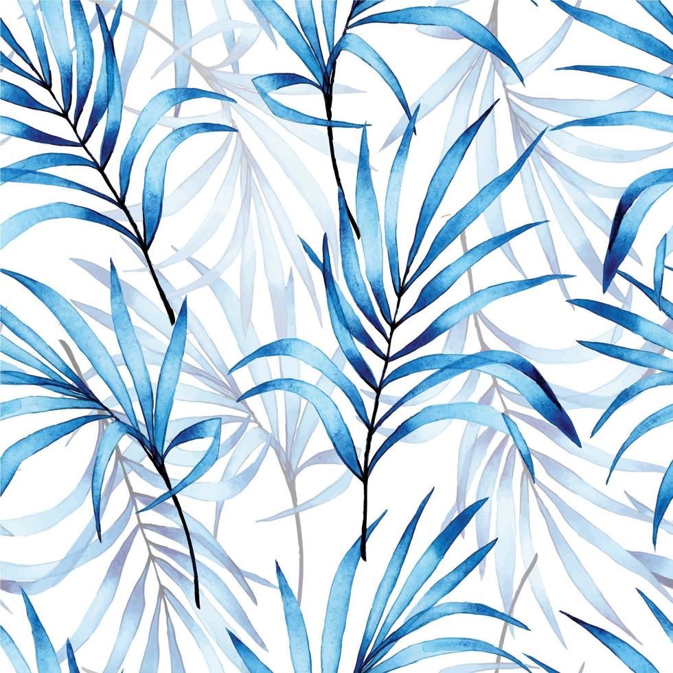 watercolor seamless pattern with blue tropical palm leaves. transparent flowers on a white background vector