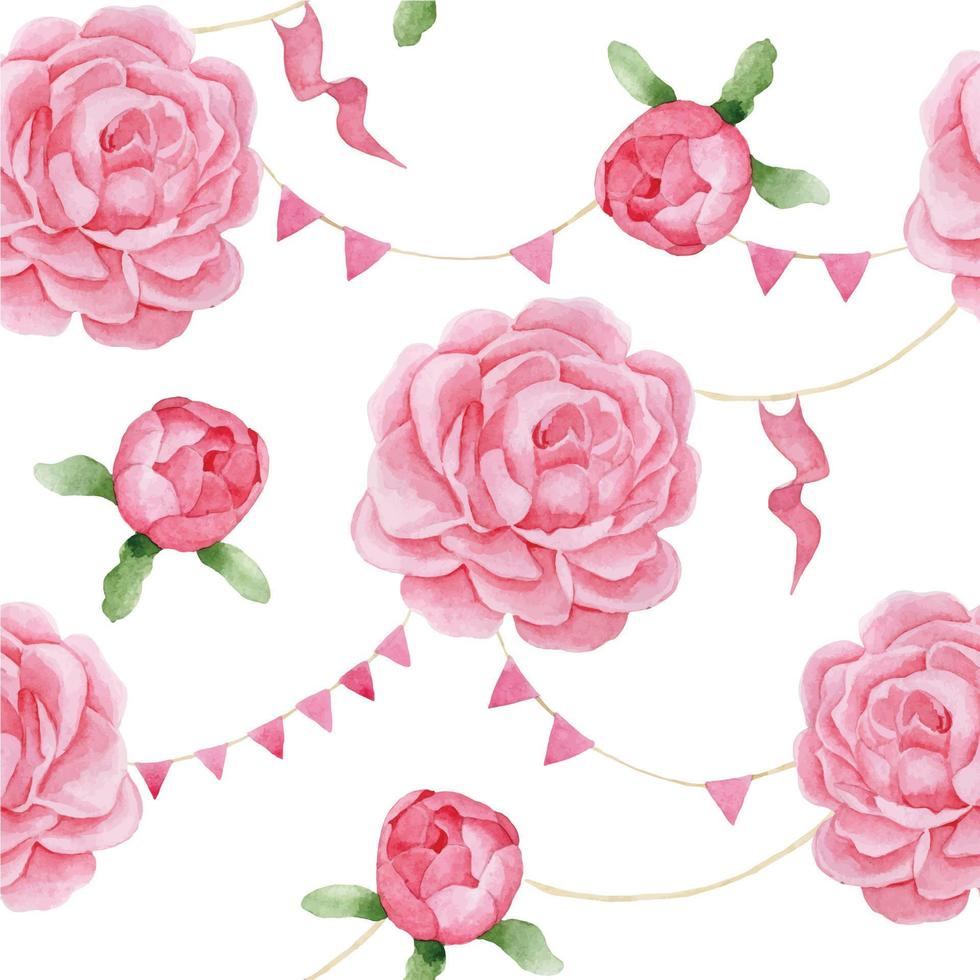 acuarela de patrones sin fisuras con flores de rosa, peonía y lindas banderas navideñas. estampado infantil para niñas con flores rosas sobre un fondo blanco. vector