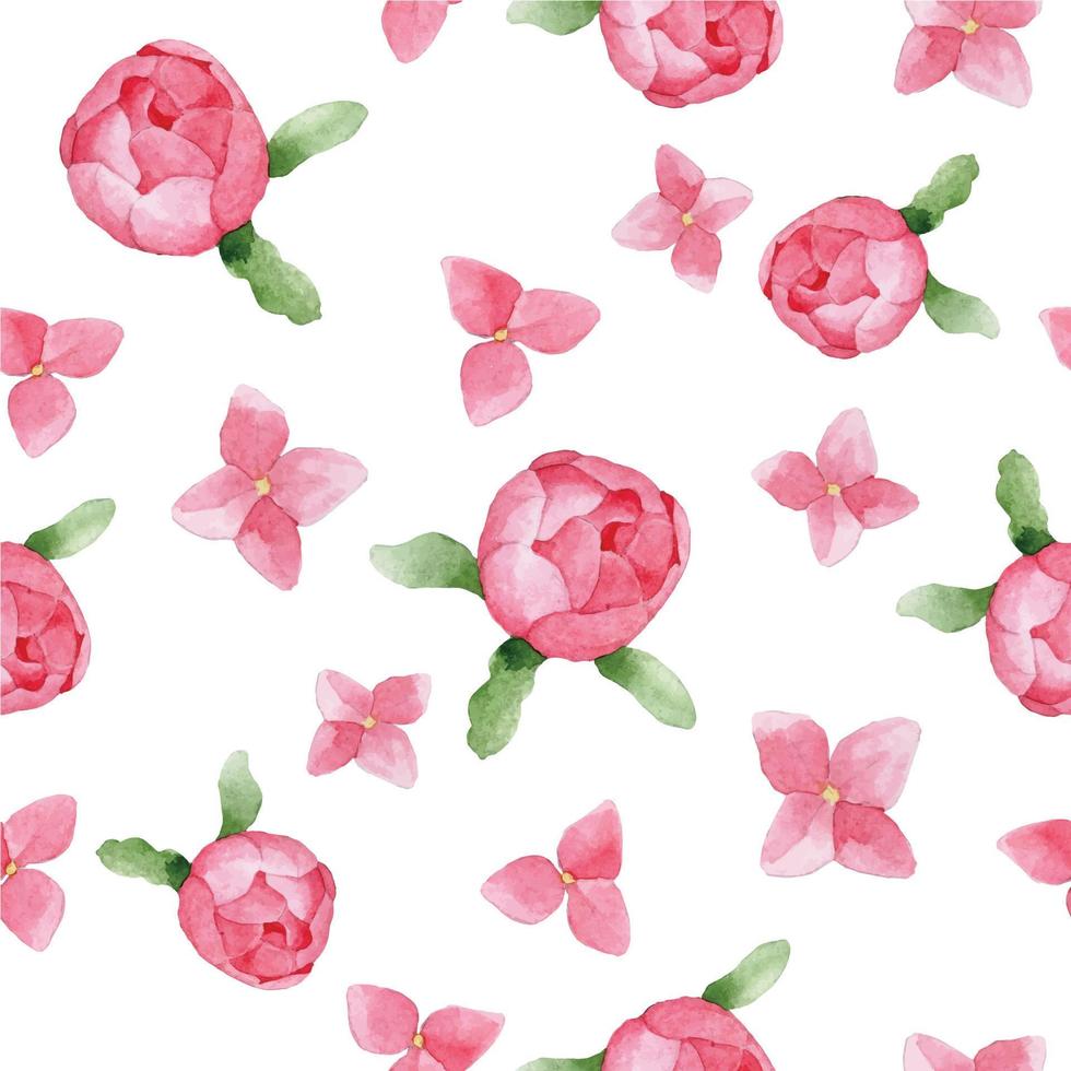 dibujo de acuarela. patrón impecable con capullos de peonía rosa y flores de hortensia sobre un fondo blanco. impresión linda simple para niñas vector