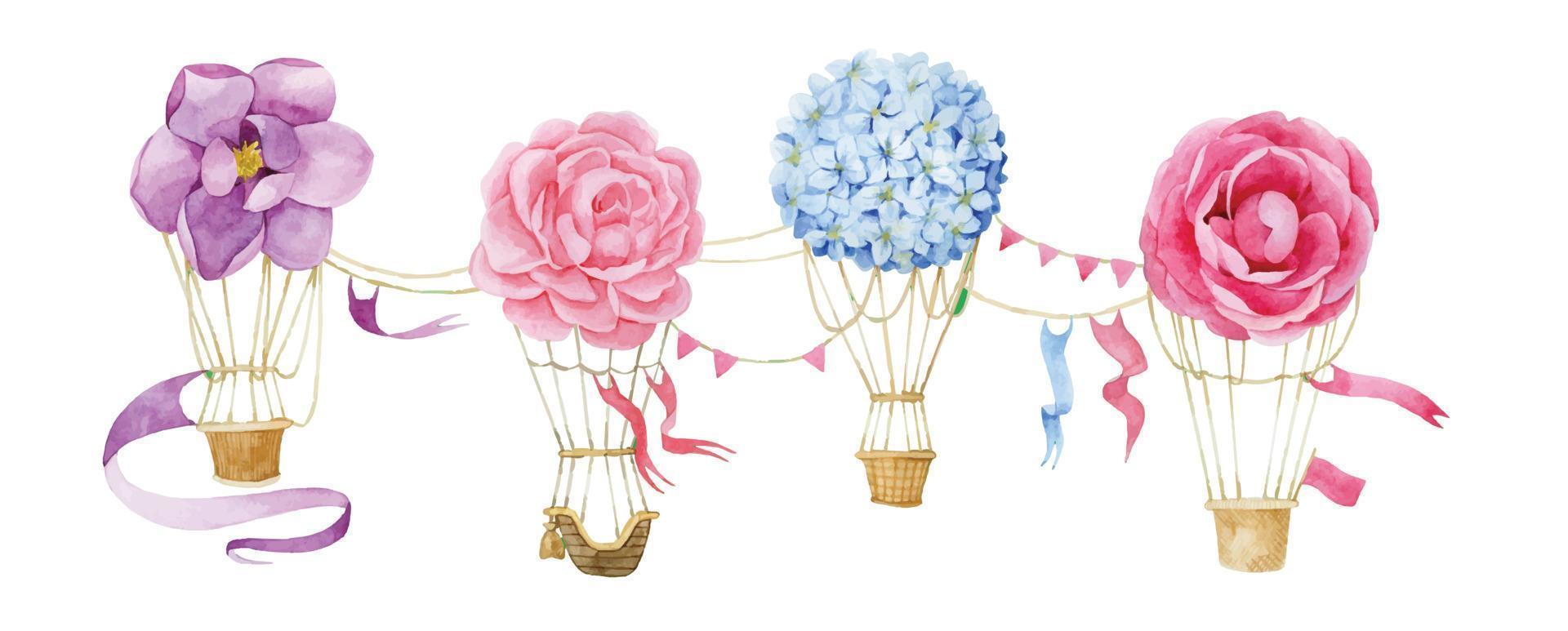 juego de dibujo de acuarela de globos con flores, borde, estampado. patrón suave y delicado para niñas, rosas, hortensias, peonías y globos. vector