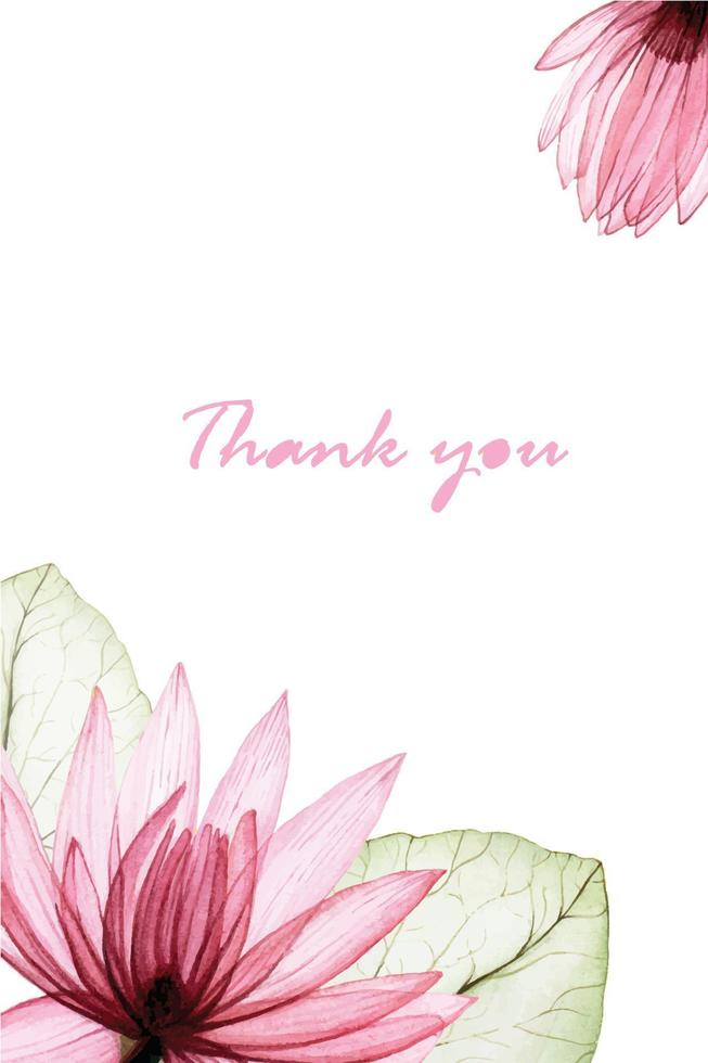 watercolor frame with transparent lotus flowers. transparent pink flowers and lotus leaves isolated on white background. design for wedding, congratulations, invitations. inscription thank you vector