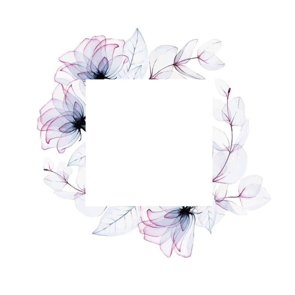 Acuarela cuadrada, marco rectangular con flores transparentes. flores de rosas transparentes y hojas de eucalipto en colores pastel rosa, azul y gris. fondo vintage para bodas, tarjetas vector