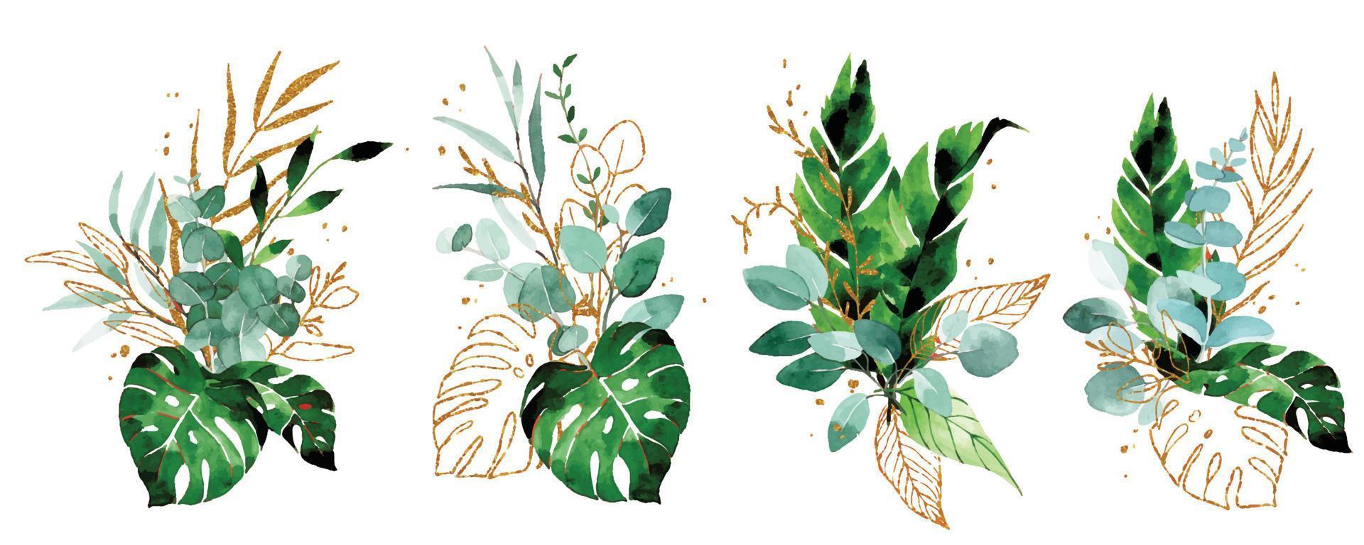 watercolor drawing. set of compositions, bouquets of tropical leaves. green and gold leaves of palm, monstera, banana. boho style decoration with shiny gold elements vector