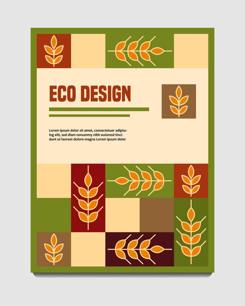 Template for cover, banner, flyer with ears of rye, rectanlges in simple geometric style. Good for cereal products decoration. Eco style. Vector