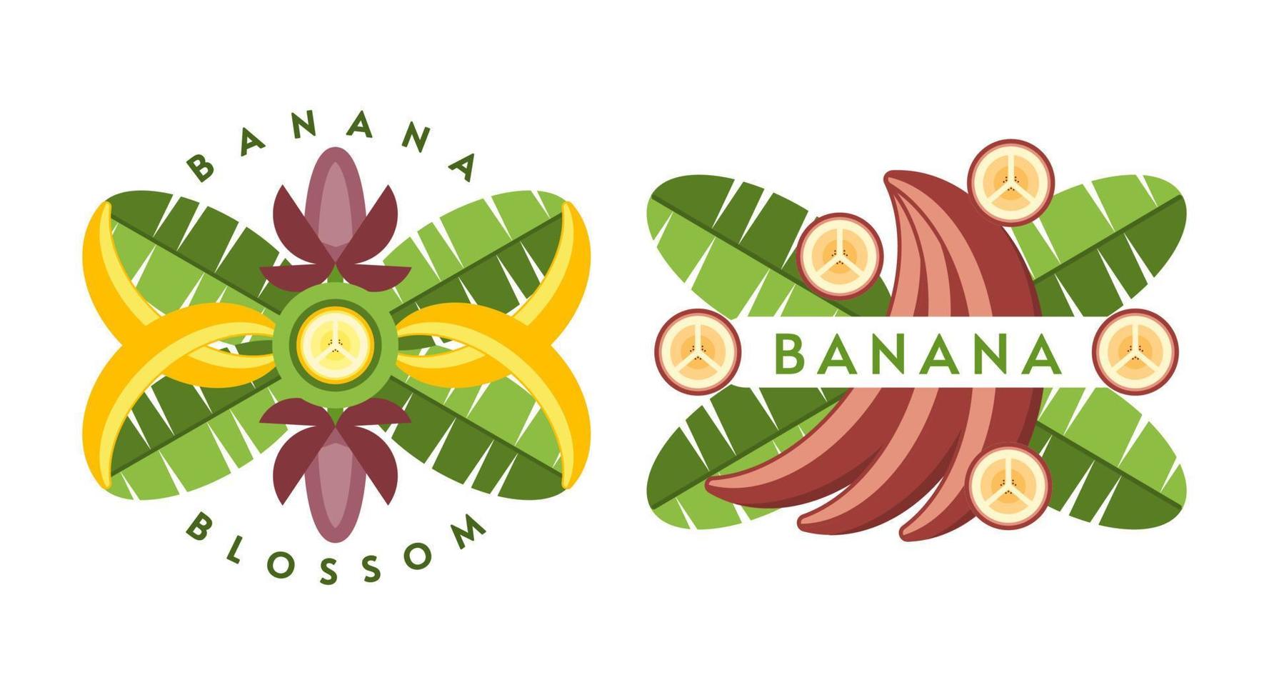 Set of logos, emblems, badges with yellow, red bananas, banana flowers, leaves, slices, bunch of bananas. Isolated vector illustration. Good for decoration of food package, creation of stickers. Flat