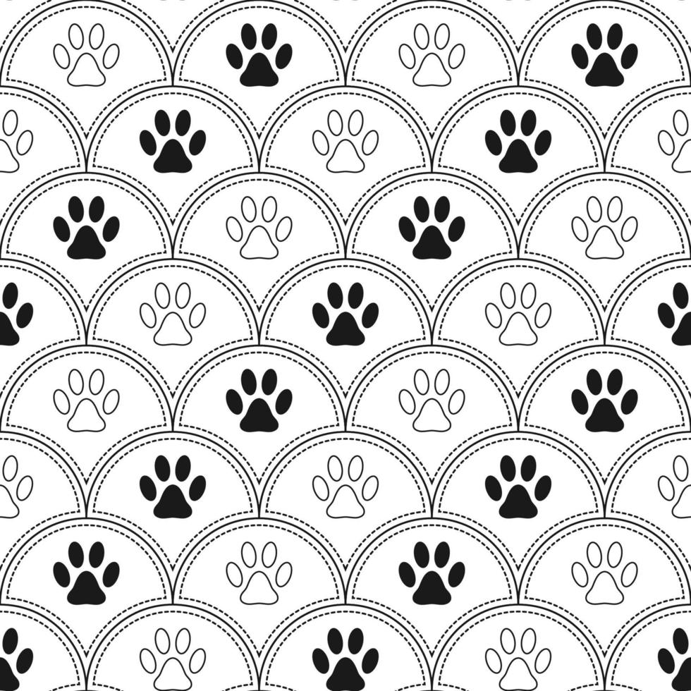 Seamless pattern background with footprints of home pet in fan-shaped diagonal grid. Black and white. Vector. vector