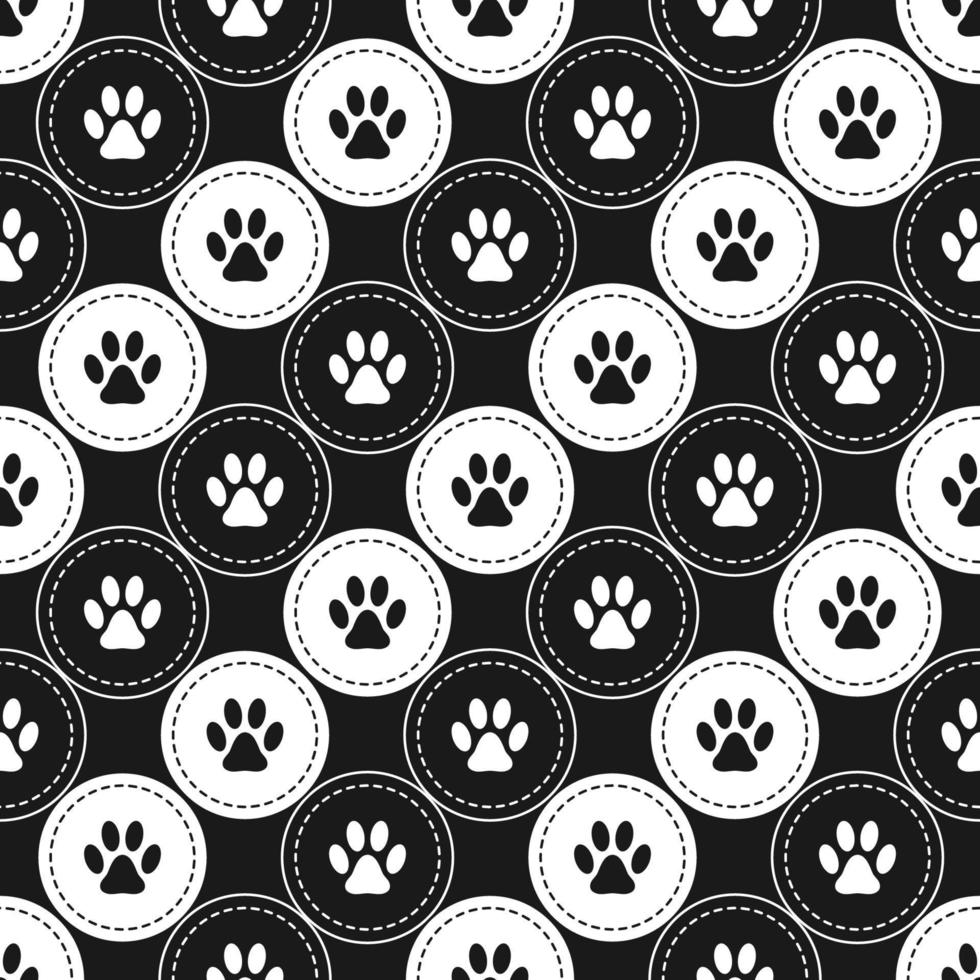 Seamless pattern background with footprints of home pet in circles, diagonal grid. Black and white. Vector. vector