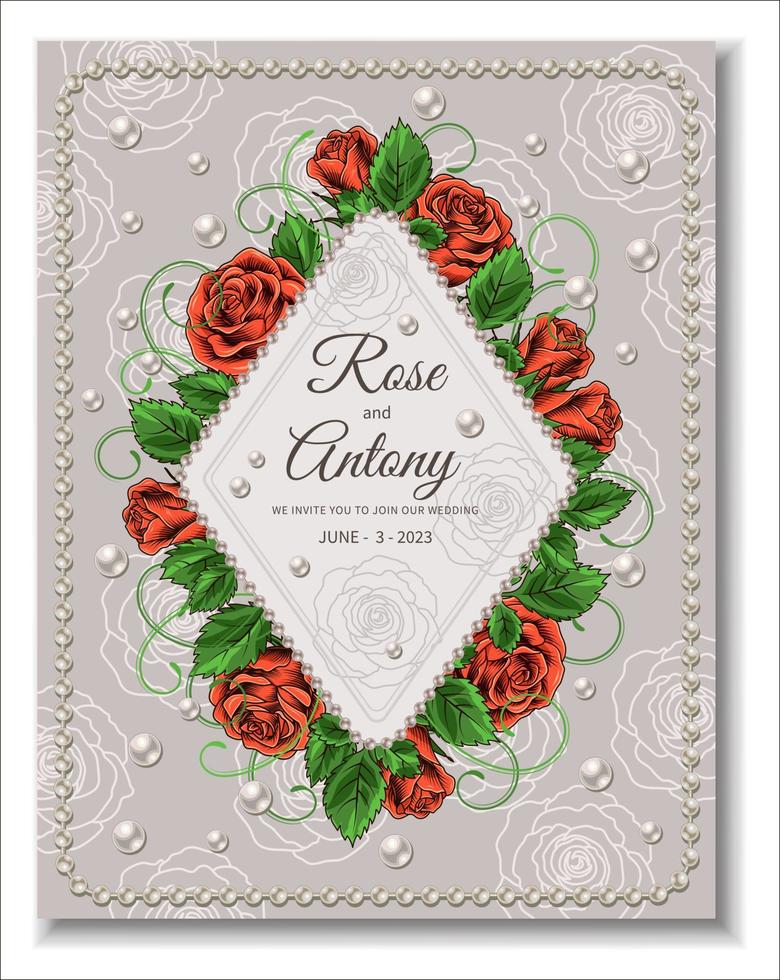 plantilla de tarjeta de invitación de boda con rosas, hojas verdes, zarcillos, perlas, marco de rombo, flores de contorno sobre un fondo pálido. ilustración de vector clásico para evento romántico.